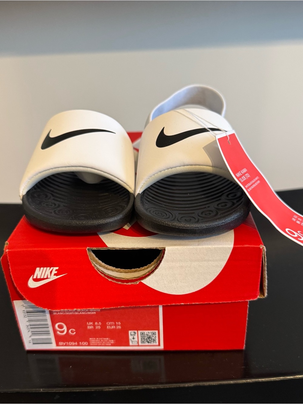 Nike White and Black Youth Slide Sandals
